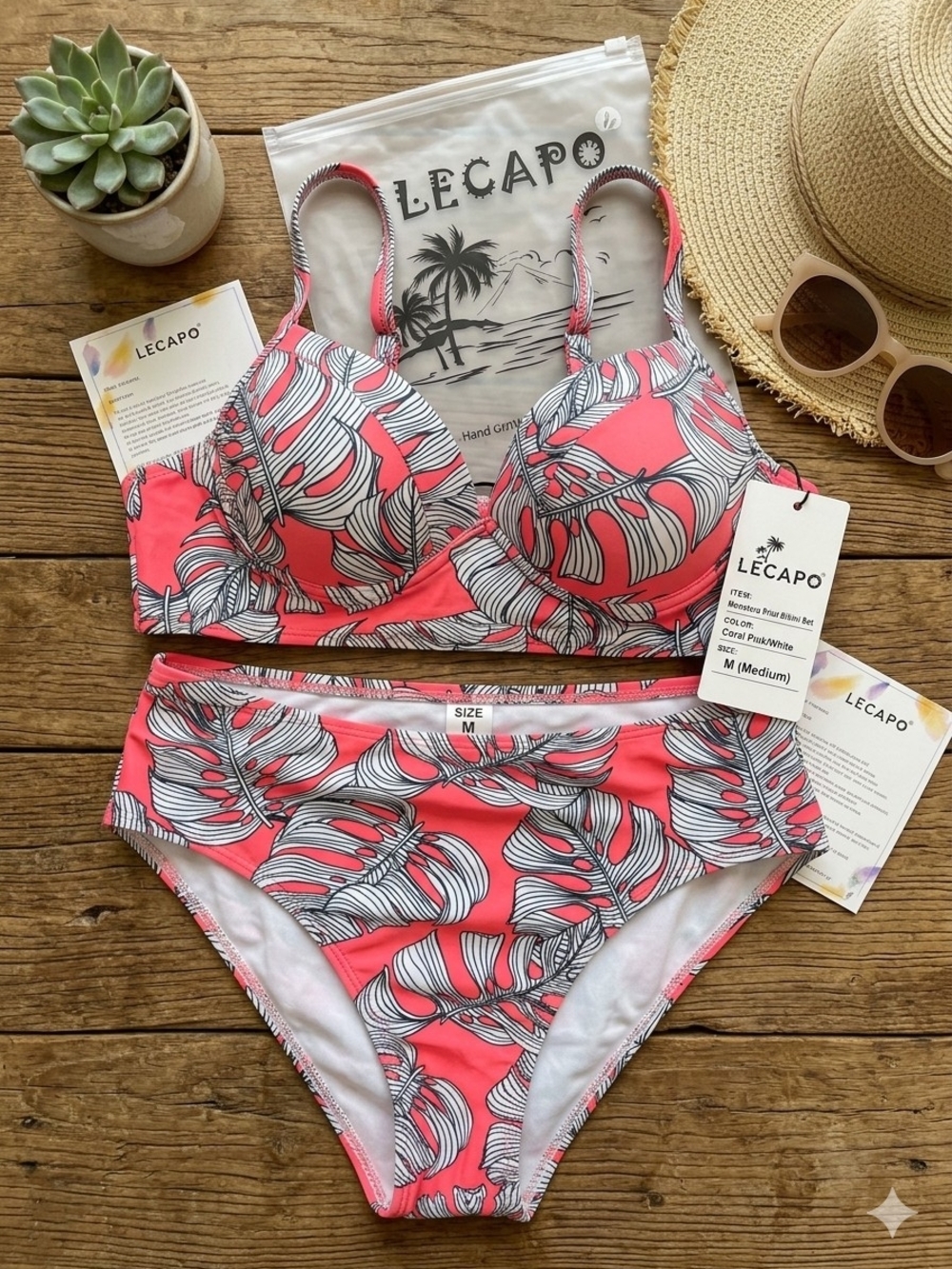 Lecapo Bikini NWT M Palm Style Pink Black White